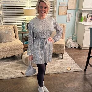 Express Silver Sequin Long Sleeve Dress sparkle